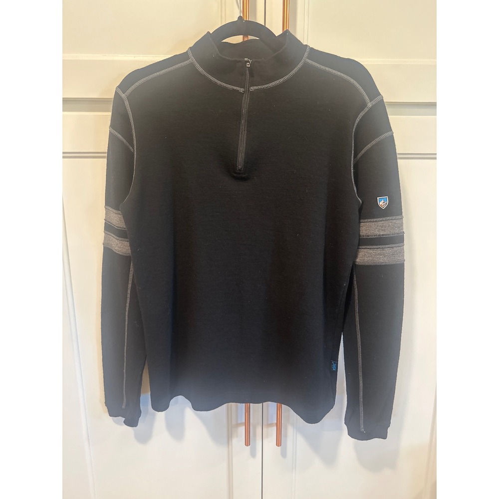KUHL Mens Merino Wool 1/4 Zip Pullover Sweater Black Stripe Thumbholes Size M